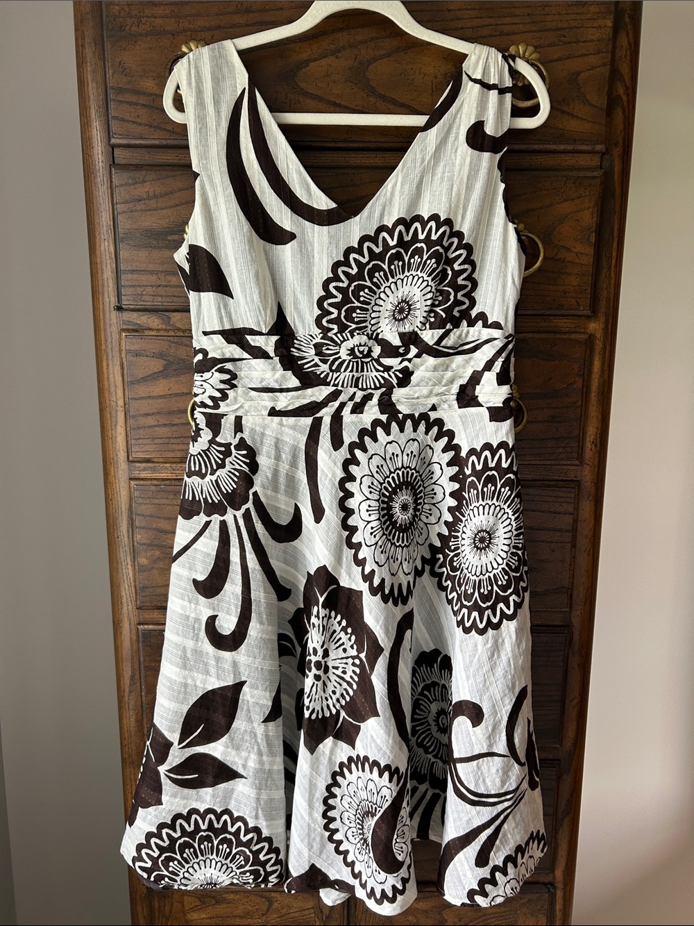 Amanda Lane Cotton White and Brown Floral Midi Dress, Size 12